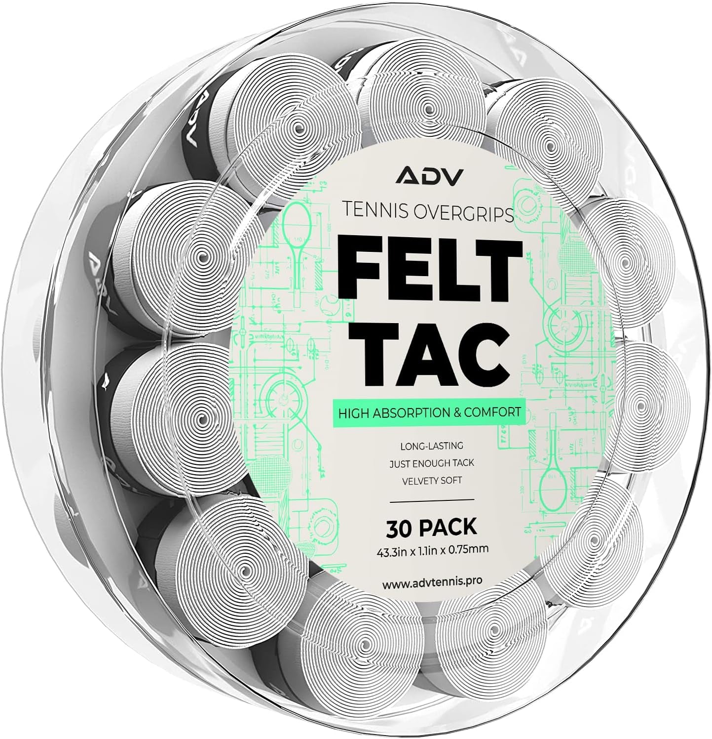 ADV Dry Tennis Overgrip Tape - 3, 12, 30, 60 Pack - Felttac Tennis Racket Grip Tape - Ultra Absorbent Tennis Grip Tape - Comfort Tennis Racket Grips - Tennis Grips Overgrip