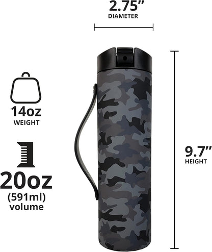 Iconic Stainless Steel Water Bottle with Straw - 20 Oz Leak Proof Triple Wall Insulated Water Bottles for Travel and Sports - Reusable Gym Water Bottle with 2 Straws - Black Camo