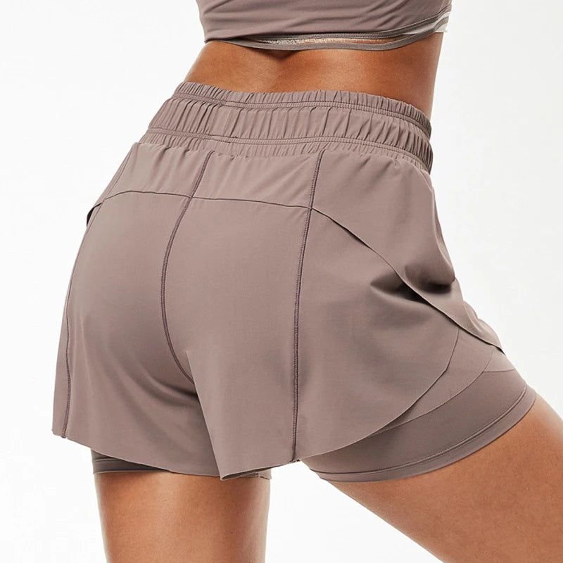 Fake Two Pieces Fitness Short Women Solid Color Nylon Breathable Quick-Drying Sport Running Shorts Female Yoga Gym Clothing