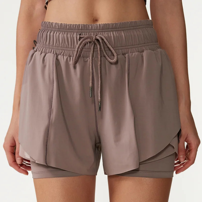 Fake Two Pieces Fitness Short Women Solid Color Nylon Breathable Quick-Drying Sport Running Shorts Female Yoga Gym Clothing