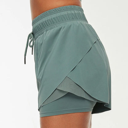 Fake Two Pieces Fitness Short Women Solid Color Nylon Breathable Quick-Drying Sport Running Shorts Female Yoga Gym Clothing